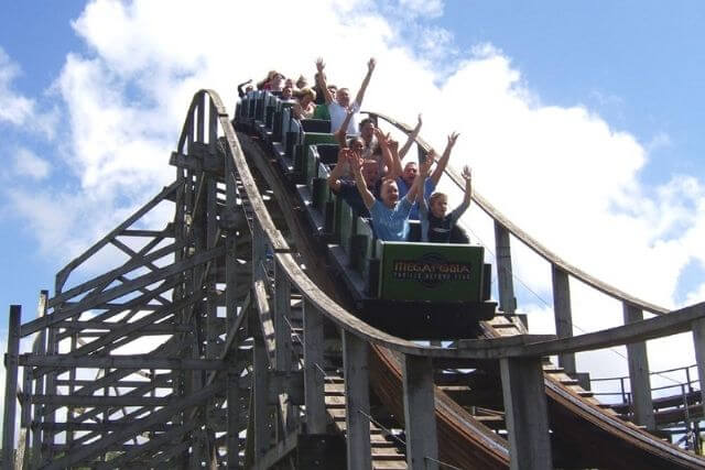 People on a rollercoaster in Oakwood Theme Park, Pembrokeshire